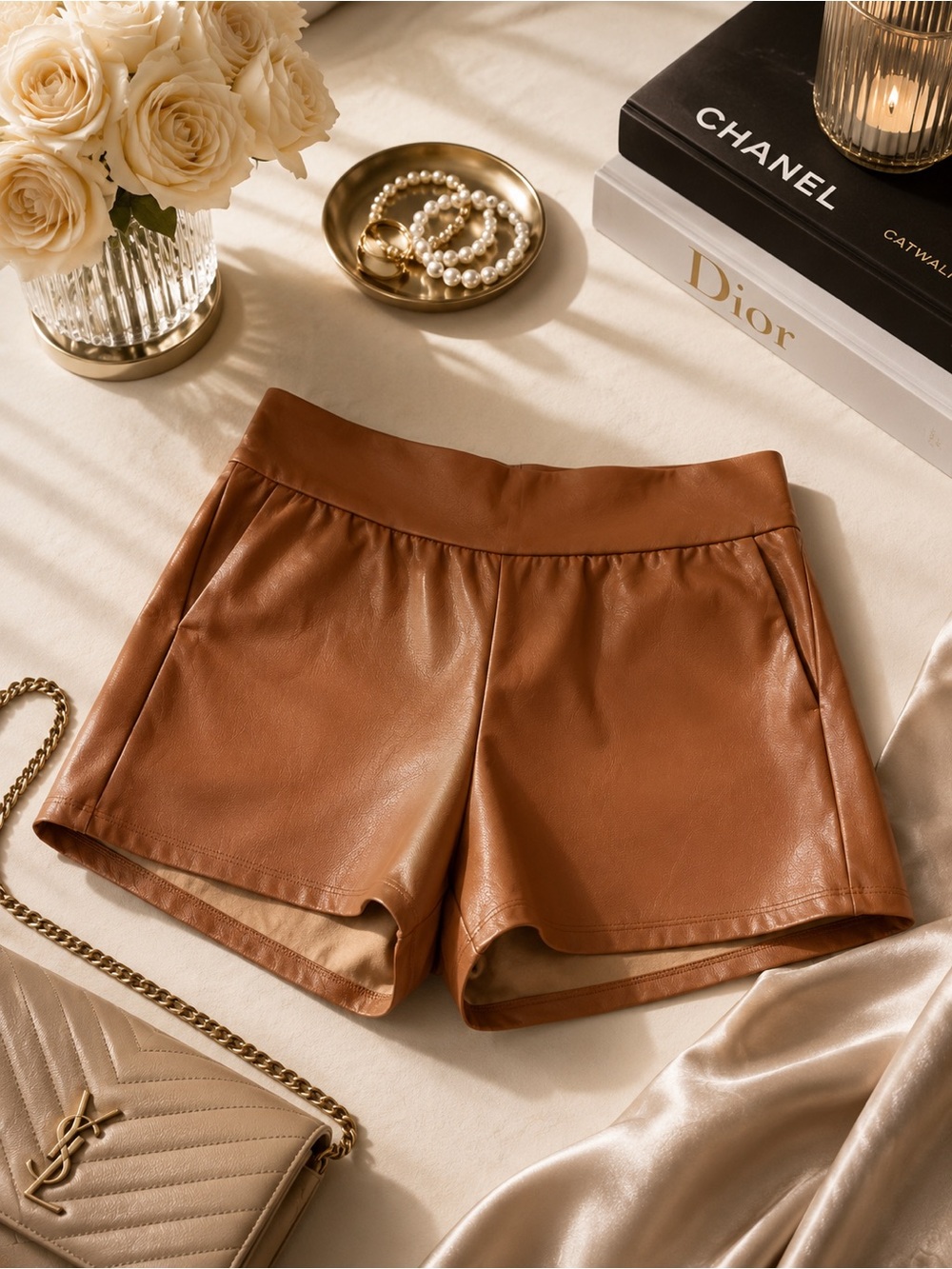 Commando Faux Leather High-Waist Shorts — Cognac Brown